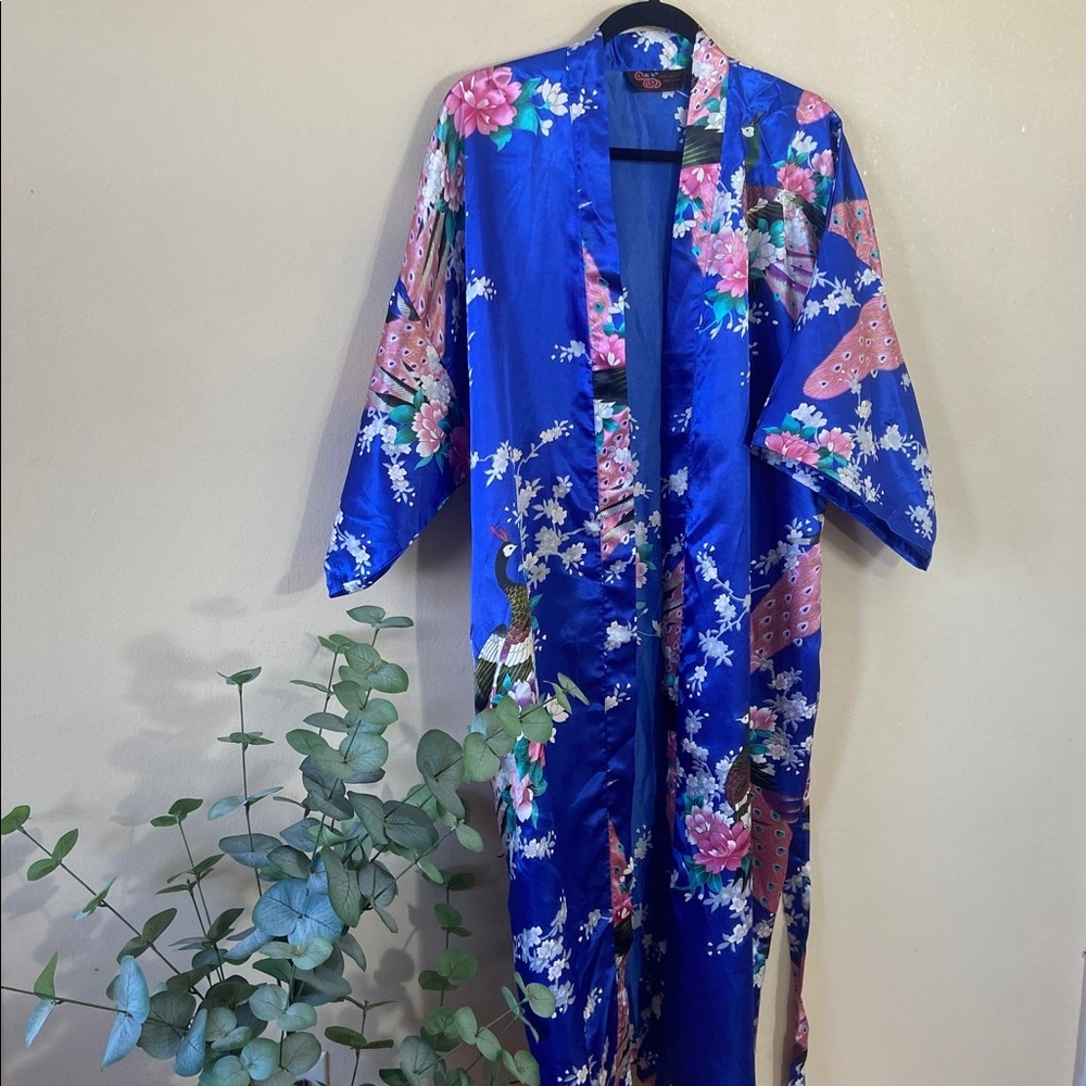 Vintage Royal Blue Kimono Silky Satin Floral Large Pink Bird Robe Sleepwear